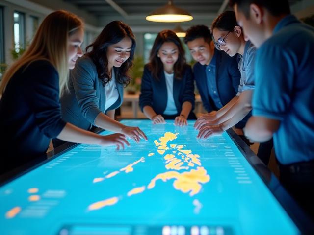 Team working on a digital map, showing collaboration and innovation in cartography.